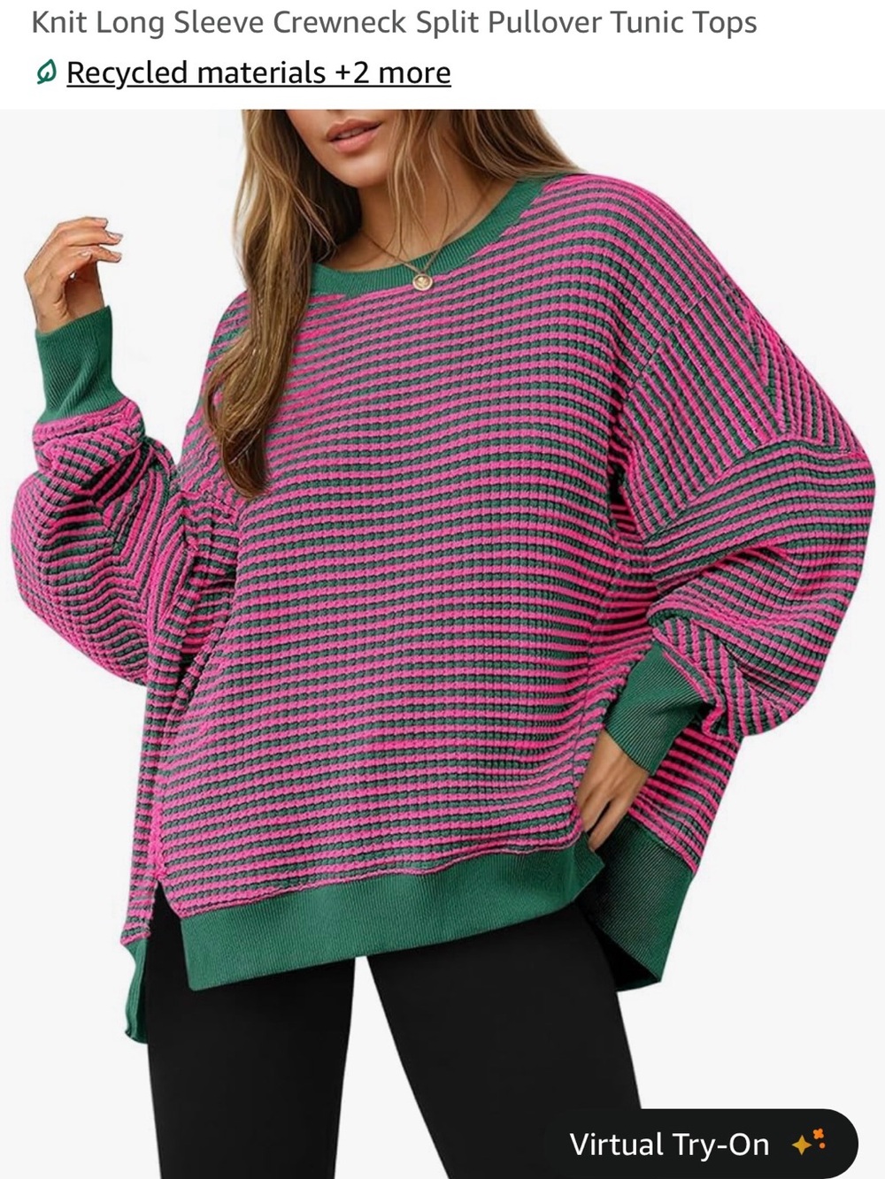 Relaxed Crewneck Tunic Sweater in Pink and Green